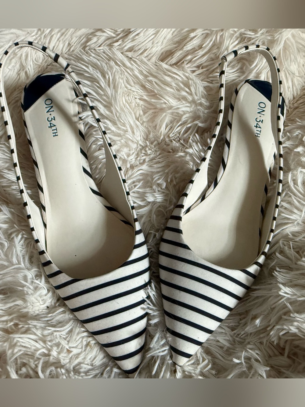 ON: 34TH Black & White Striped Pointed Slingback Heels